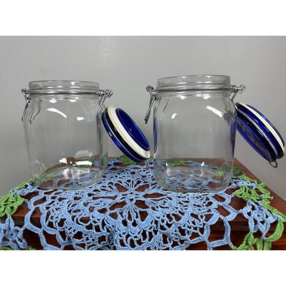 2 Vintage Bormioli Rocco With Cobalt Lids Glass Canning Mason Jars - Picture 5 of 7